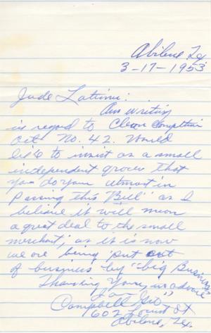 [Letter from Campbell Grocery to Truett Latimer, March 17, 1953]