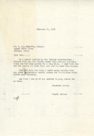 Primary view of object titled '[Letter from Truett Latimer to D. B. McCorkle, February 11, 1953]'.