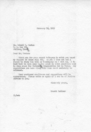 [Letter from Robert L. Horton to Truett Latimer, February 19, 1953]