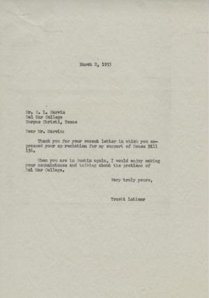 Primary view of object titled '[Letter from Truett Latimer to E. L. Harvin, March 2, 1953]'.