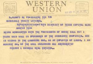 Primary view of object titled '[Telegram from Weldon L. Russell, April 13, 1953]'.