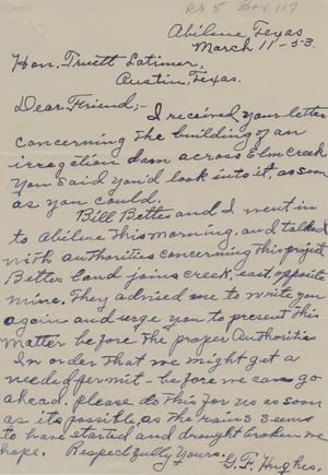 [Letter from G. F. Hughes to Truett Latimer, March 11, 1953]