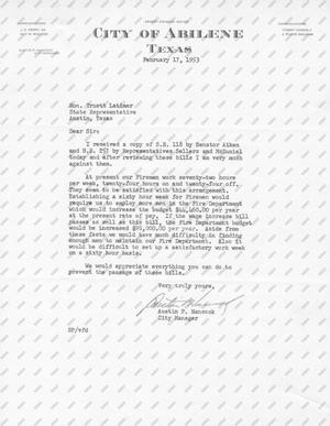[Letter from Austin P. Hancock to Truett Latimer, February 17, 1953]