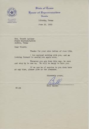 Primary view of object titled '[Letter from Bill Daniel to Truett Latimer, June 22, 1953]'.