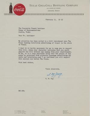 Primary view of object titled '[Letter from S. M. Jay to Truett Latimer, February 11, 1953]'.
