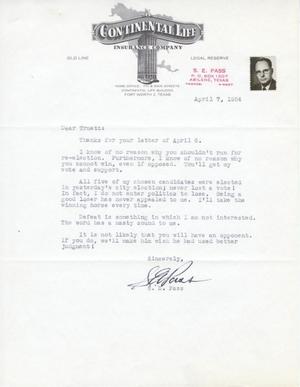 [Letter from S. E. Pass to Truett Latimer, April 7, 1954]