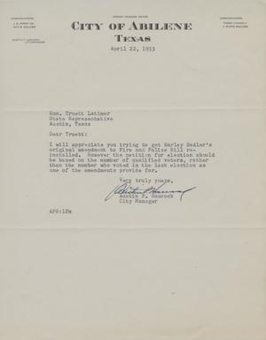Primary view of object titled '[Letter from Austin P. Hancock to Truett Latimer, April 22, 1953]'.