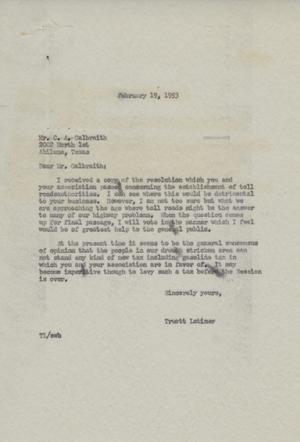 Primary view of object titled '[Letter from Truett Latimer to C. A. Galbraith, February 19, 1953]'.