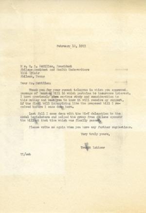 [Letter from Truett Latimer to R. L. McMillon, February 12, 1953]