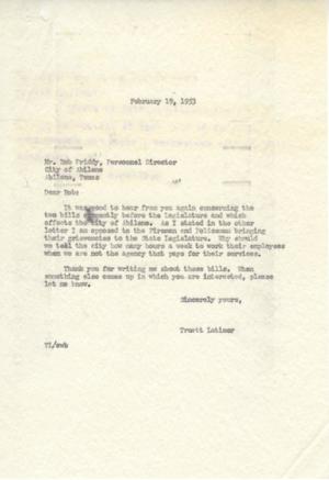 [Letter from Truett Latimer to Bob Priddy, February 19, 1953]
