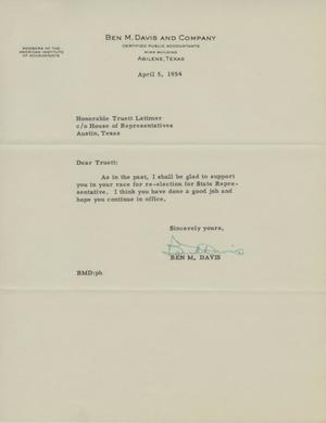 [Letter from Ben M. Davis to Truett Latimer, April 5, 1954]