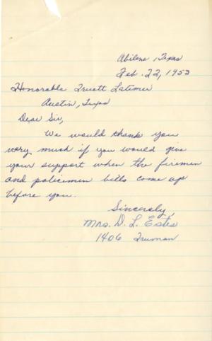 Primary view of object titled '[Letter from Mrs. D. L. Estes to Truett Latimer, February 22, 1953]'.