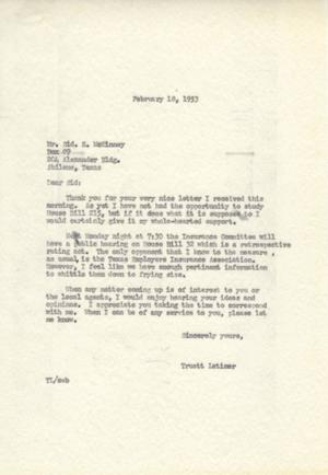 [Letter from Truett Latimer to Sid. E. McKinney, February 18, 1953]