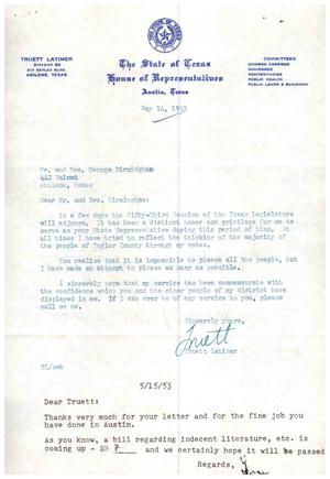 [Correspondence between Truett Latimer and Mr. and Mrs. Birmingham, May 1953]