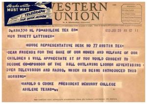 [Telegram from Harold G. Cooke, January 29, 1953]
