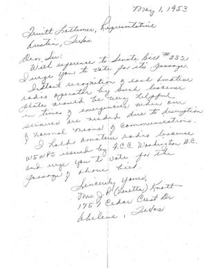 Primary view of object titled '[Letter from J. P. Knott to Truett Latimer, May 1, 1953]'.
