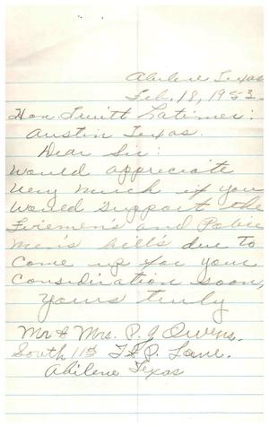 [Letter from Mr. P. G. Owens and Mrs. P. G. Owens, February 18, 1953]
