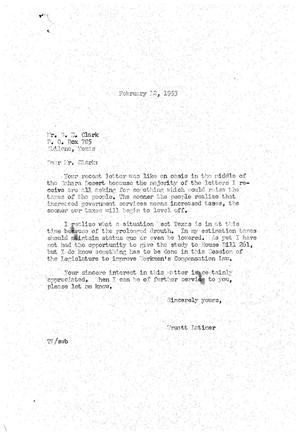 [Letter from Truett Latimer to S. E. Clark, February 12, 1953]