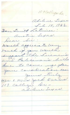 [Letter from Mr. Jack Owens and Mrs. Jack Owens to Truett Latimer, February 18, 1953]