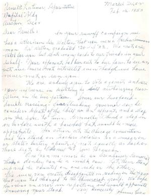 [Letter from Johnny Cox to Truett Latimer, February 12, 1953]