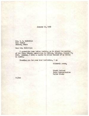 [Letter from Truett Latimer to Mrs. V. E. Baldridge, January 15, 1953]