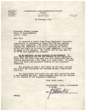 [Letter from J.R. Black Jr. to Truett Latimer, February 26, 1953]