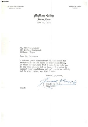 [Letter from Harold G. Cooke to Truett Latimer, June 15, 1954]