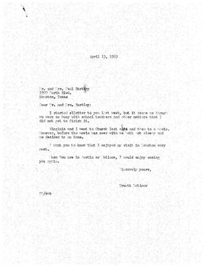 [Letter from Truett Latimer to Mr. Paul Barkley and Mrs. Paul Barkley, April 13, 1953]