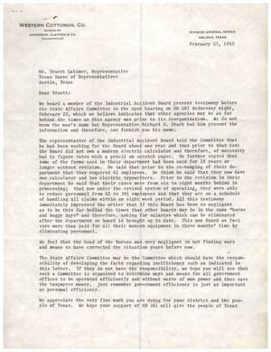 [Letter from Horace R. Belew to Truett Latimer, February 27, 1953]