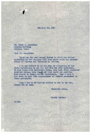 [Letter from Truett Latimer to Frank B. Conselman, February 17, 1953]