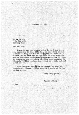 [Letter from Truett Latimer to J. W. Reid, February 12, 1953]
