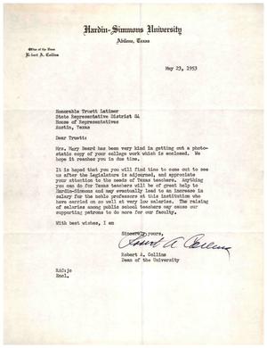 [Letter from Robert A. Collins to Truett Latimer, May 23, 1953]
