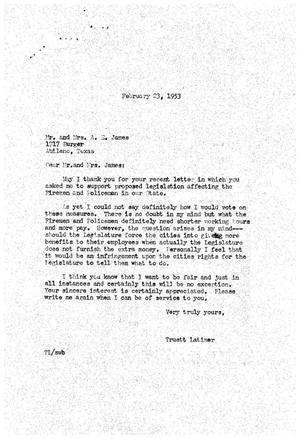 [Letter from Truett Latimer to Mr. and Mrs. A. E. James, February 23, 1953]