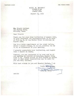 [Letter from George S. Berry to Truett Latimer, August 13, 1953]