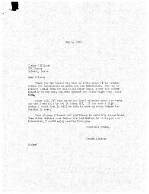 [Letter from Truett Latimer to Gladys Williams, May 4, 1953]