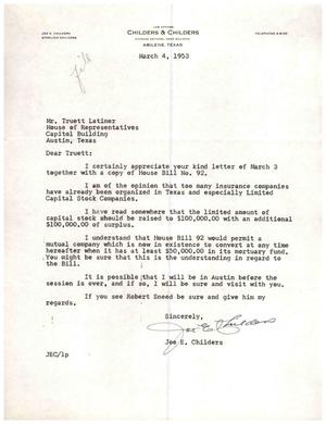 [Letter from Joe E. Childers to Truett Latimer, March 4, 1953]