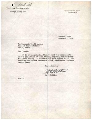 [Letter from W. D. Watkins to Truett Latimer, February 7, 1953]