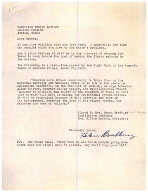 [Letter from Helen Bradbury to Truett Latimer, N. D.]