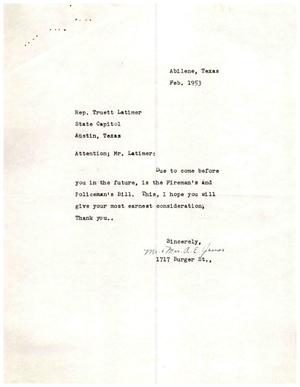 Primary view of [Letter from Mr. A. E. James and Mrs. A. E. James to Truett Latimer, February, 1953]