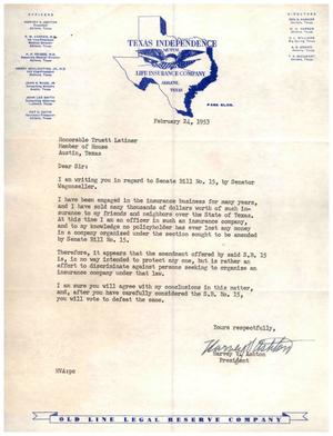 [Letter from Harvey V. Ashton to Truett Latimer, February 24, 1953]