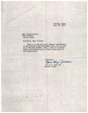 [Letter from Nora Faye Johnson to Truett Latimer, February 21, 1953]