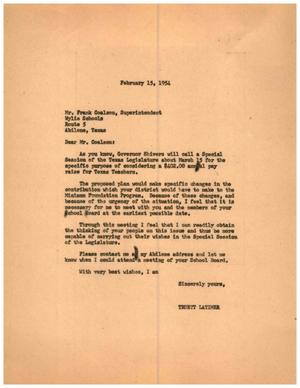[Letter from Truett Latimer to Frank Coalson, February 15, 1954]