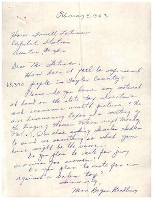 [Letter from Mrs. Bryan Bradbury to Truett Latimer, February 4, 1953]