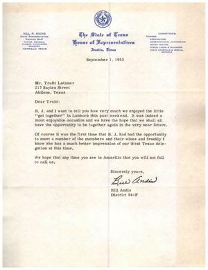 [Letter from Bill Andis to Truett Latimer, September 1, 1953]