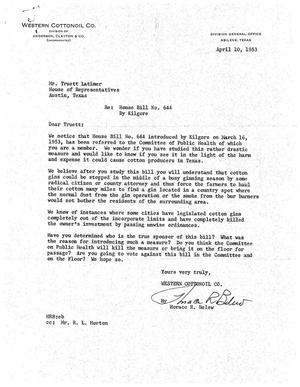 [Letter from Horace R. Belew to Truett Latimer, April 10, 1953]
