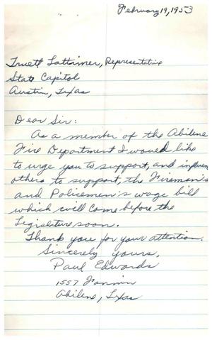 [Letter from Paul Edwards to Truett Latimer, February 19, 1953]