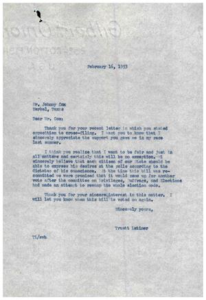 [Letter from Truett Latimer to Johnny Cox, February 16, 1953]