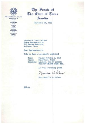 [Letter from Mrs. Neveille H. Colson to Truett Latimer, September 28, 1953]