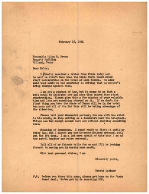 Primary view of object titled '[Letter from Truett Latimer to Hulon B. Brown, February 18, 1954]'.