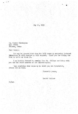 [Letter from Truett Latimer to George Birmingham, May 18, 1953]